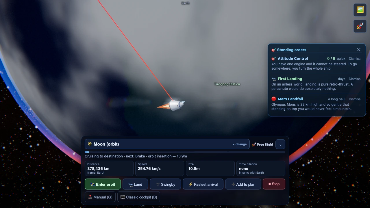 A 'Standing orders' panel on the right lists First Undock, First Landing and Mars Landfall, each with a rough duration (short, days, long) and a Dismiss button.