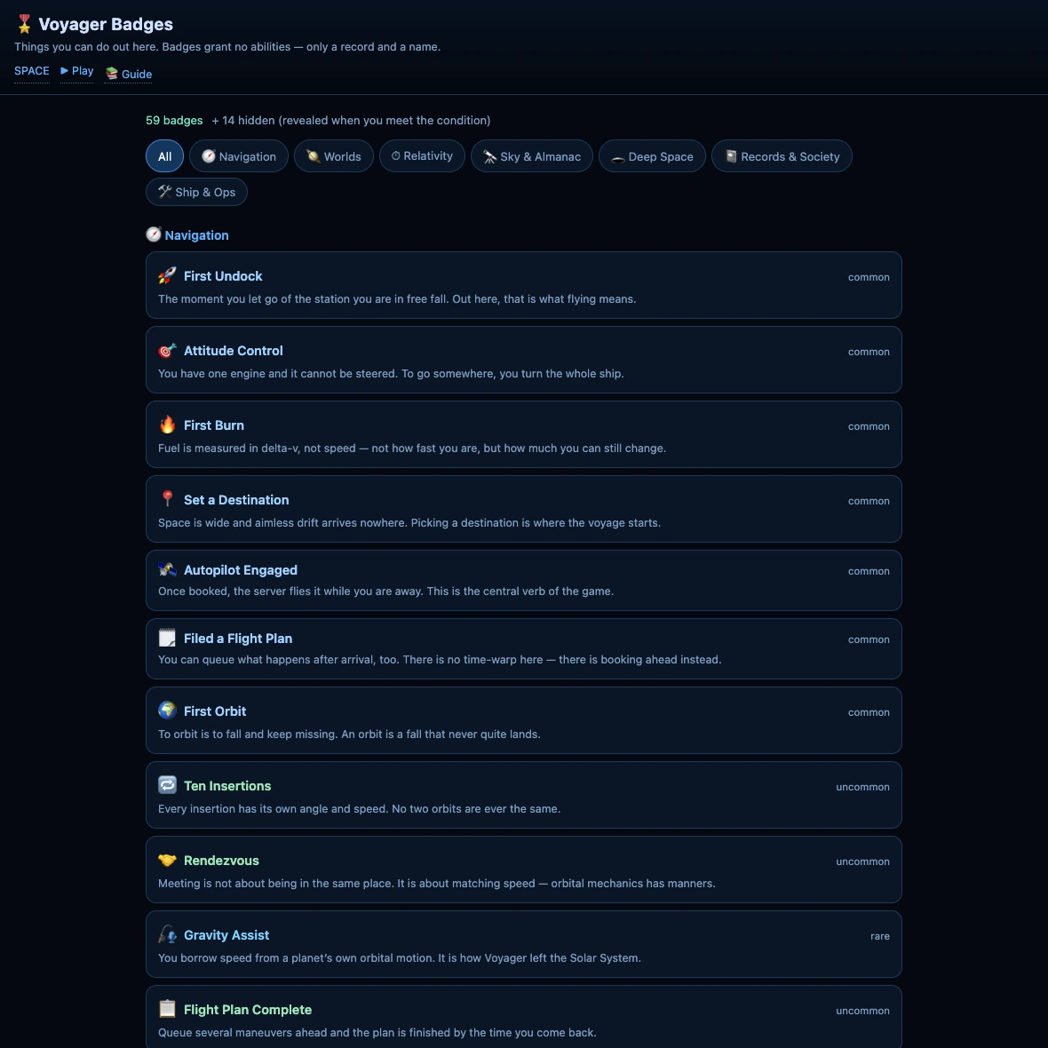 The /badges web page: a '59 badges + 14 hidden' total, a category filter, and Navigation entries such as First Undock, Attitude Control, First Burn and Set a Destination, each with a description.