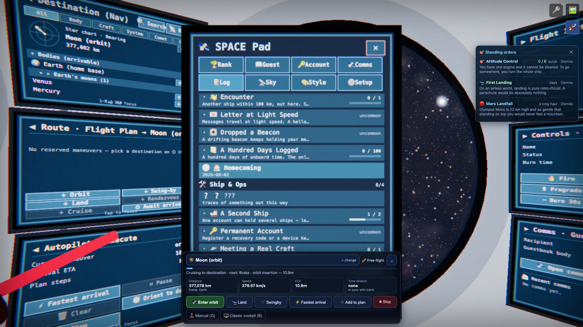 The same tablet screen scrolled down, showing entries in the Records & Society and Ship & Ops categories.