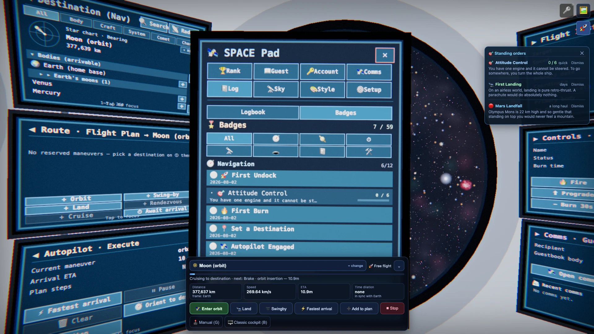 The SPACE Pad inside the cockpit with the Log tab open and the Badges segment selected: a 0/59 total, a row of category icons, and the Navigation entries First Undock, Attitude Control and First Burn.