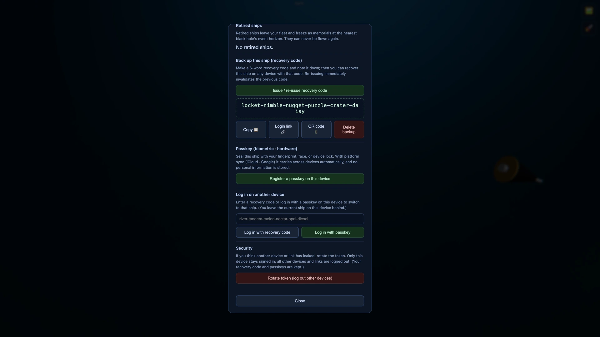 Login on another device — enter recovery code / passkey login, plus security (token rotation)