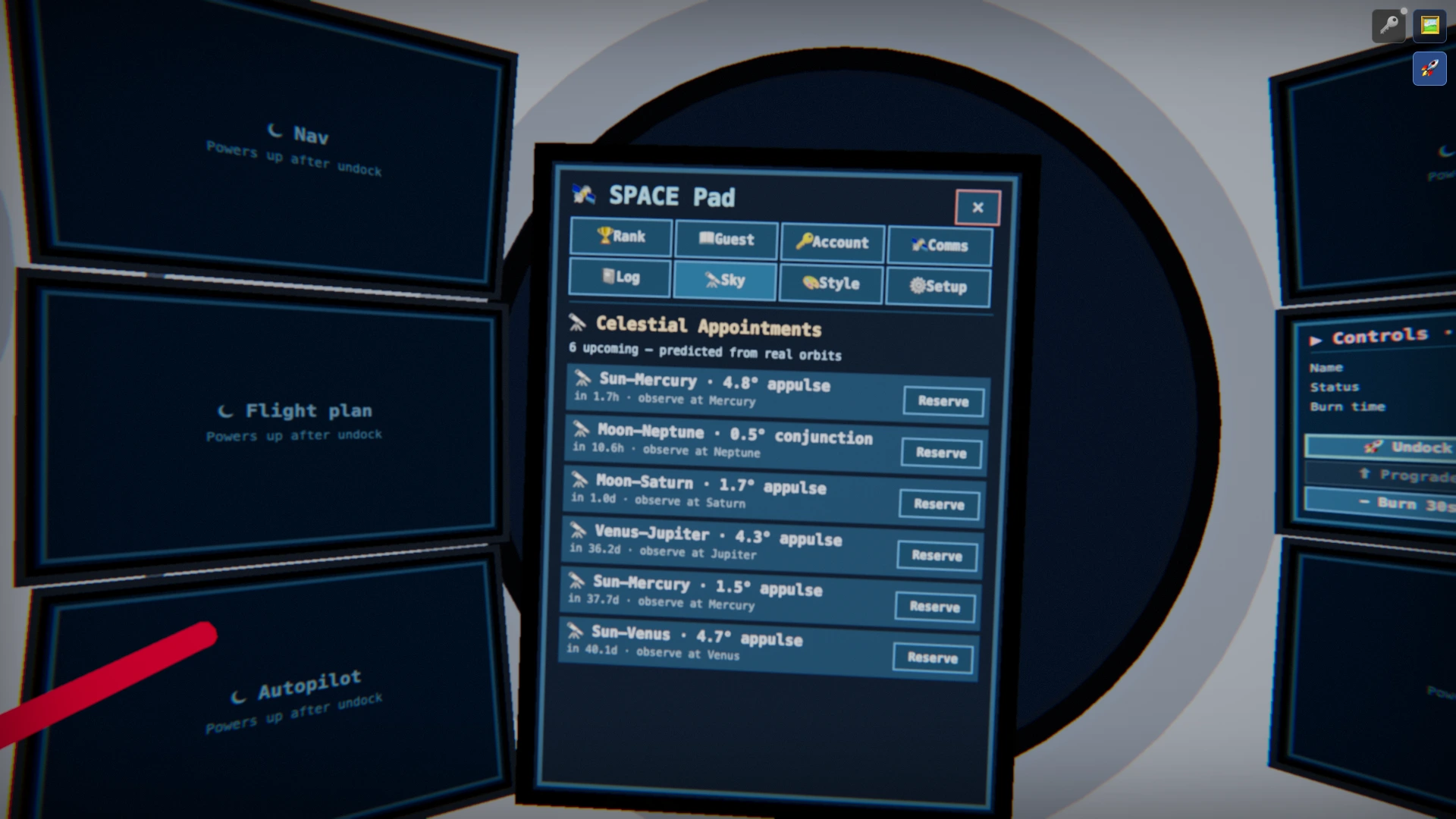 🔭 Sky tab — upcoming celestial appointments forecast from real orbits