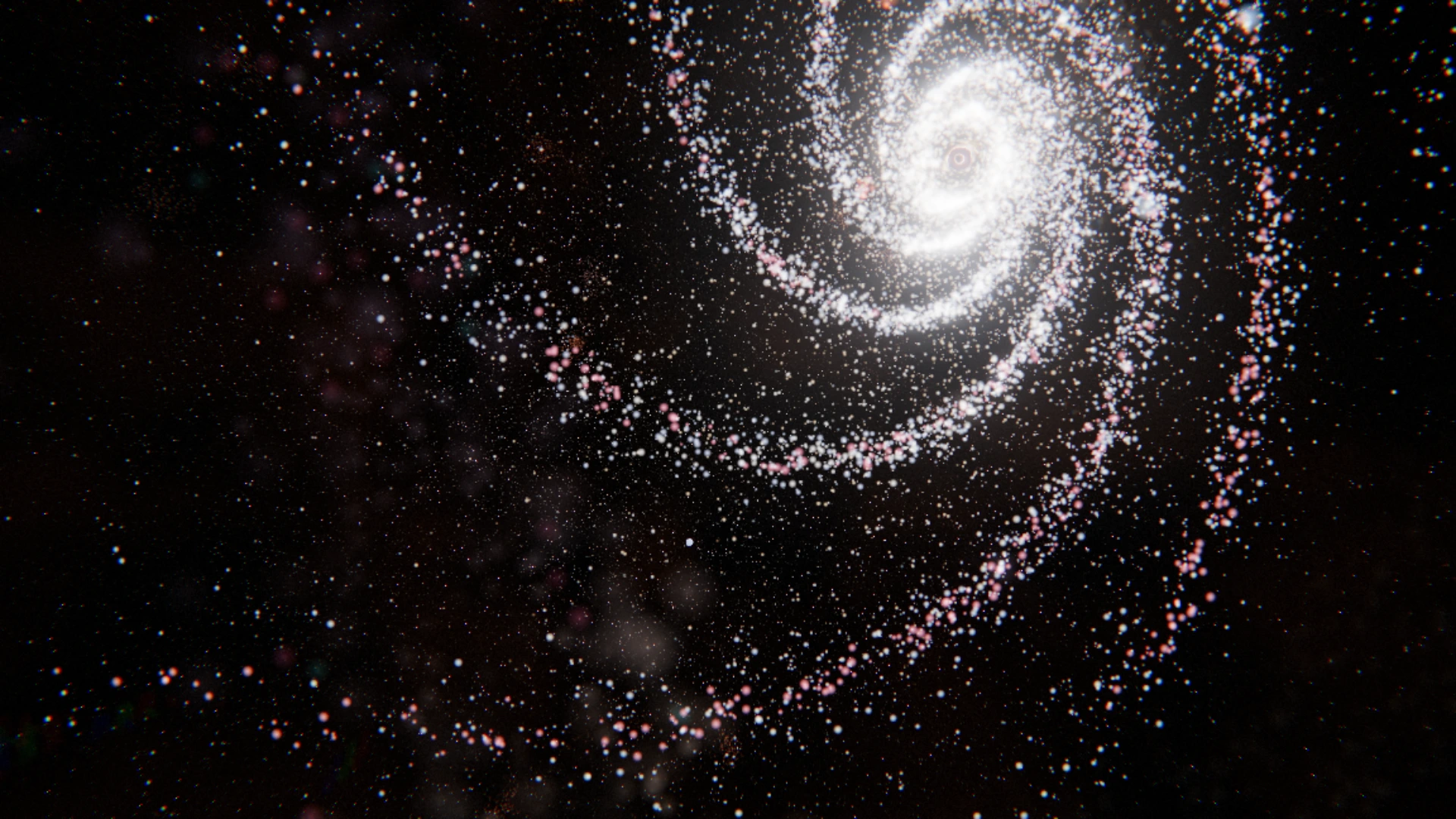 소용돌이 은하(M51) 안쪽 — 밝은 중심에서 뻗어 나온 나선팔이 분홍빛 별 탄생 지대를 점점이 달고 화면을 가로질러 감긴다