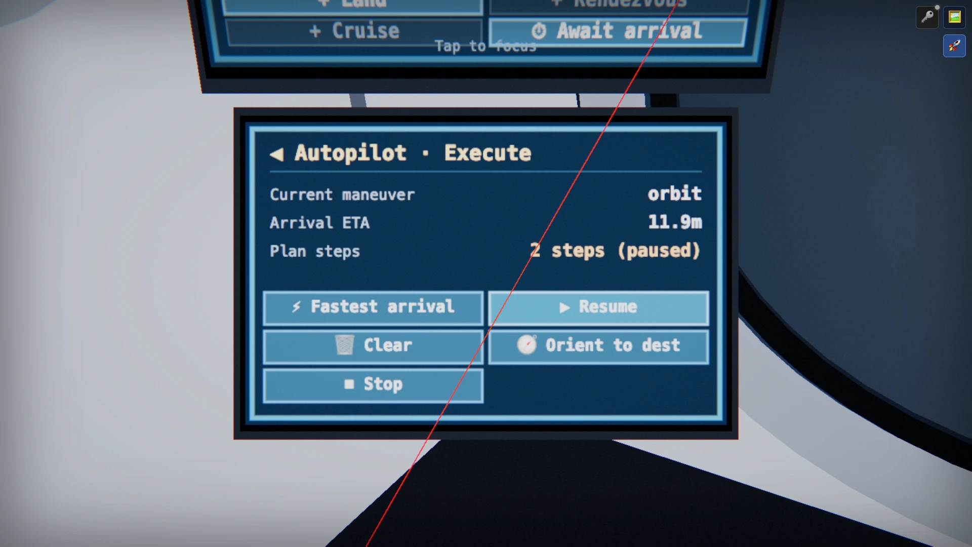 ③ Autopilot panel — current maneuver orbit, arrival ETA