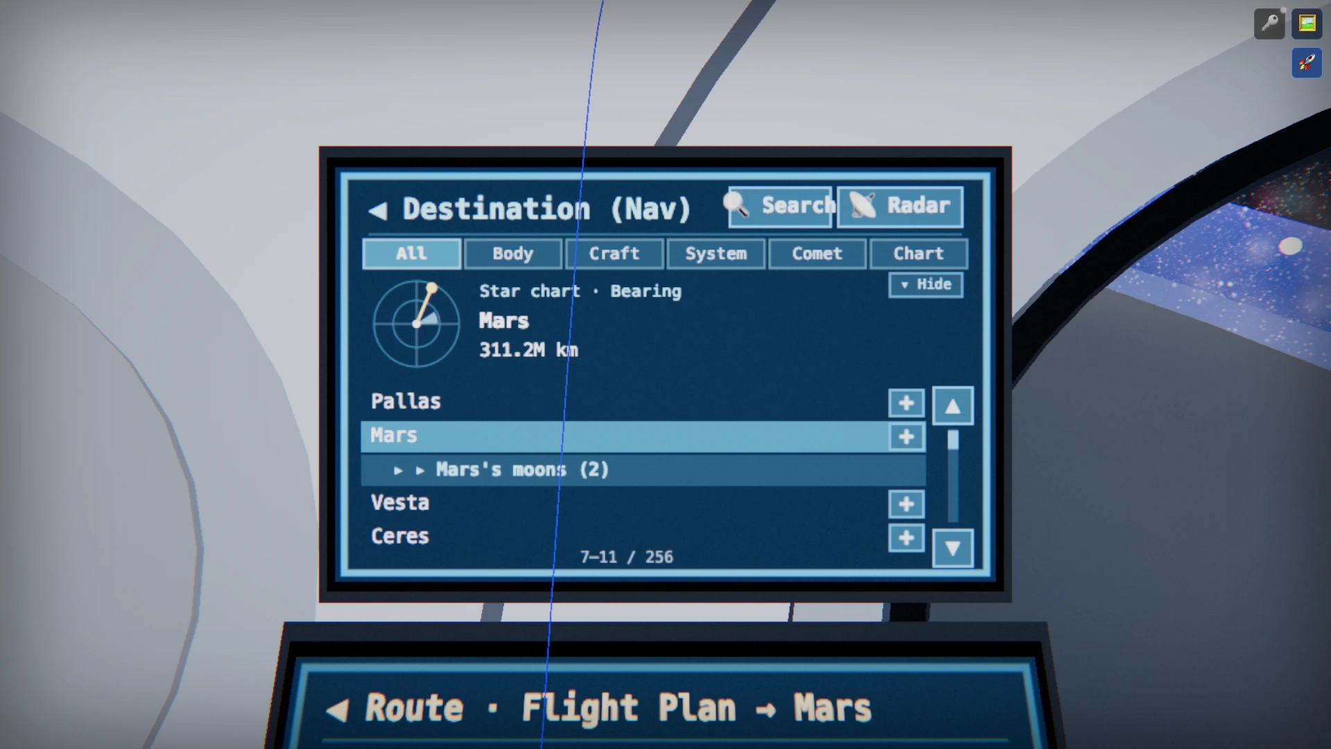 Setting Mars as the next destination on the ① Destination panel